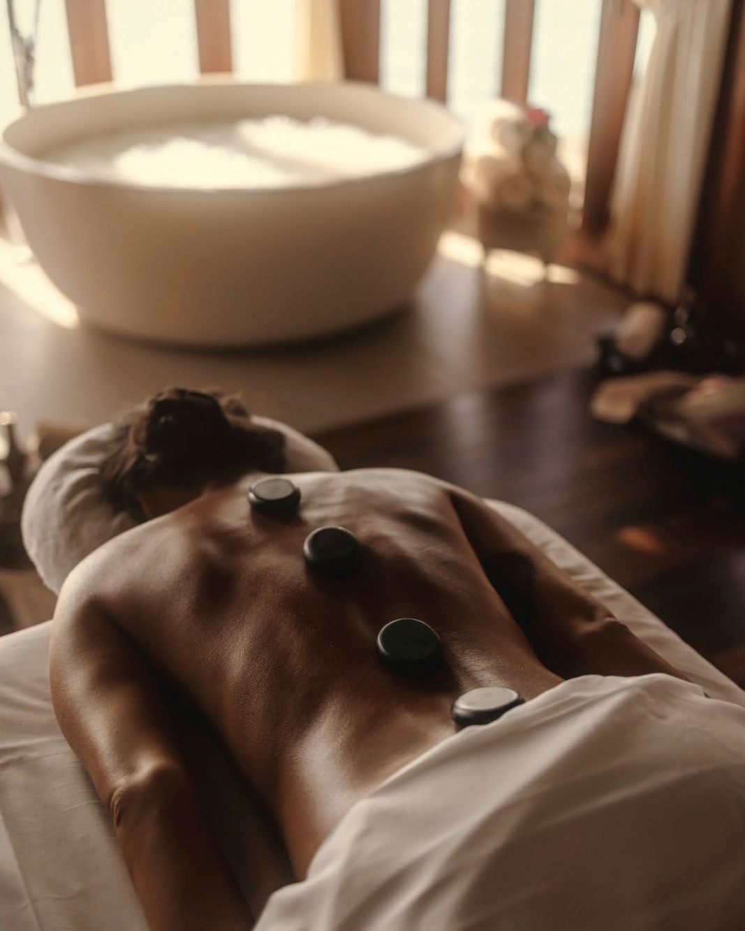 The Anantara Spa treatment room, a calm interior with natural materials and a view toward the water.
