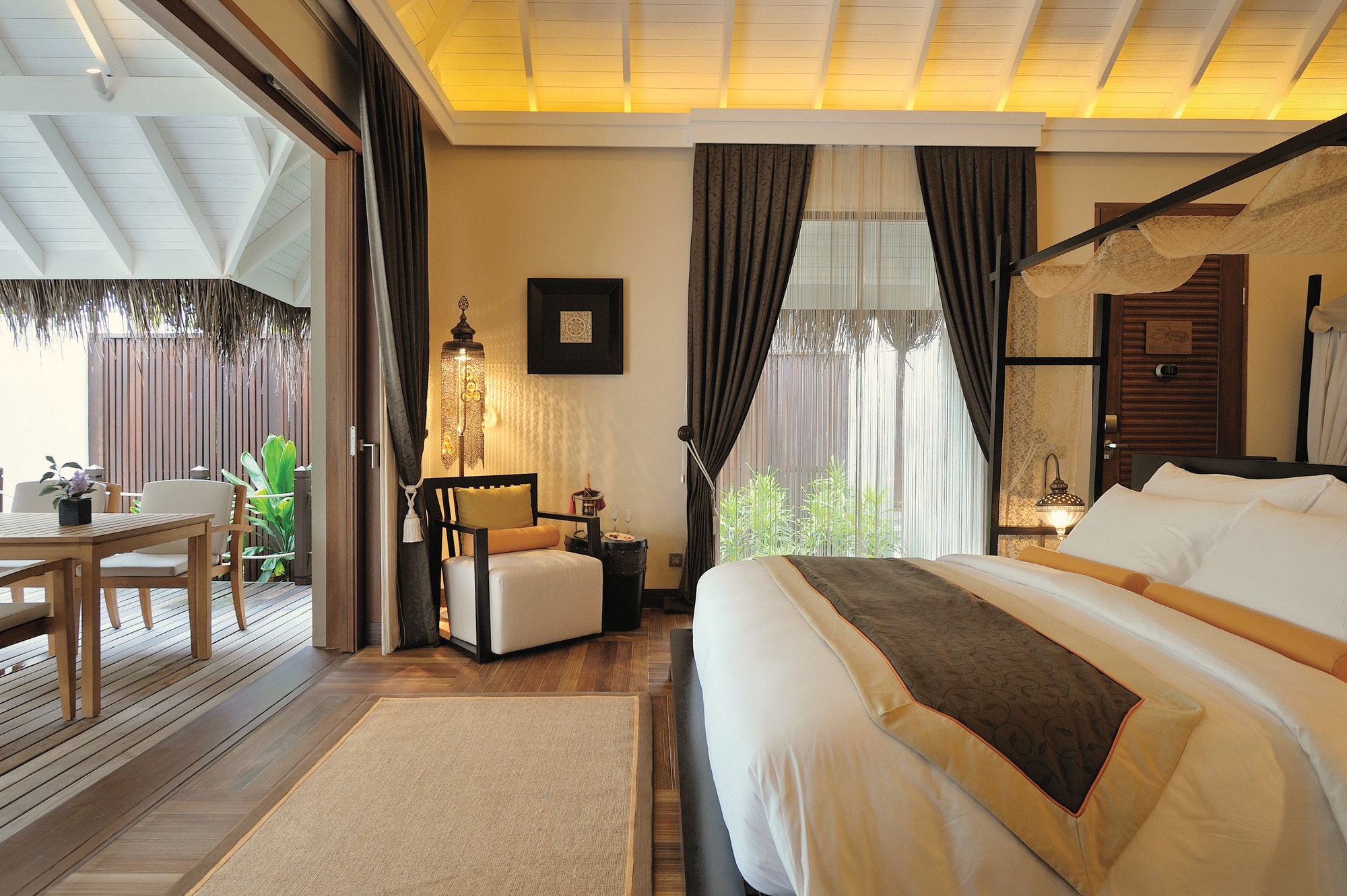 A beach villa interior. The configurations at Ayada run to two bedrooms and accommodate up to six guests, with direct beach access from the terrace.