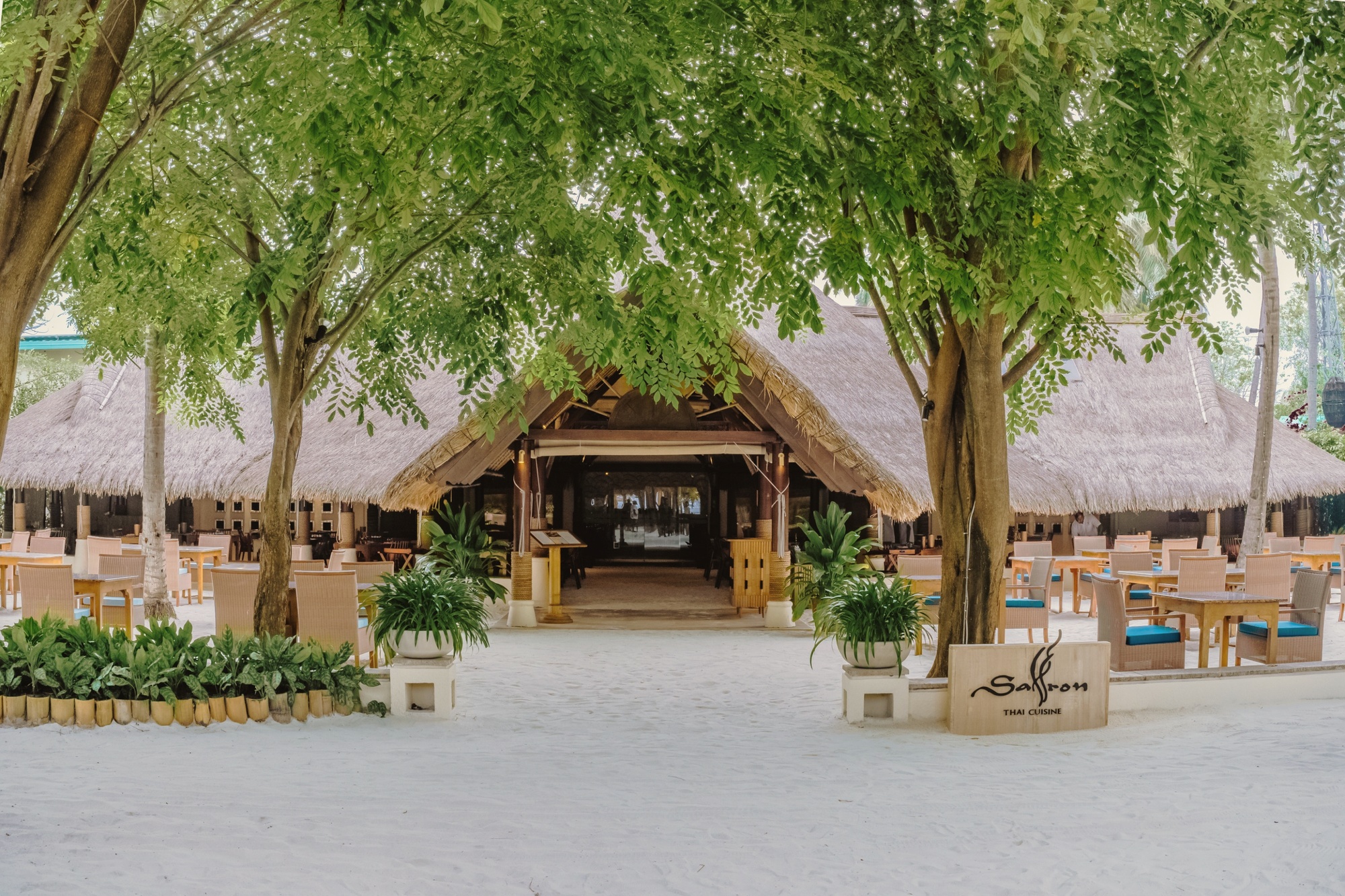 Ilaafathi restaurant at the shoreline. The main dining venue sits at the water's edge, with open-sided seating that brings the beach into the meal.