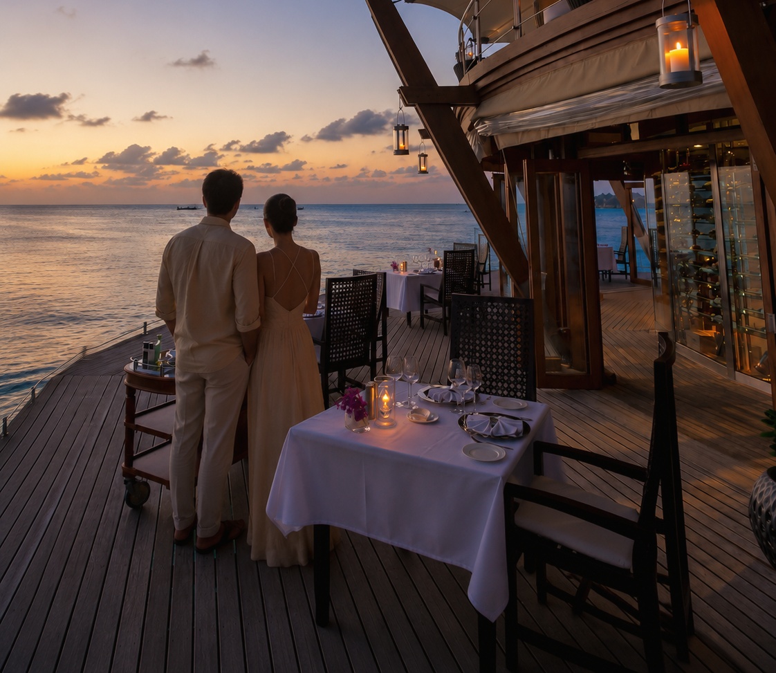 The Lighthouse restaurant at dusk. The signature dining venue sits at the water's edge, with the lagoon as the backdrop for dinner service.