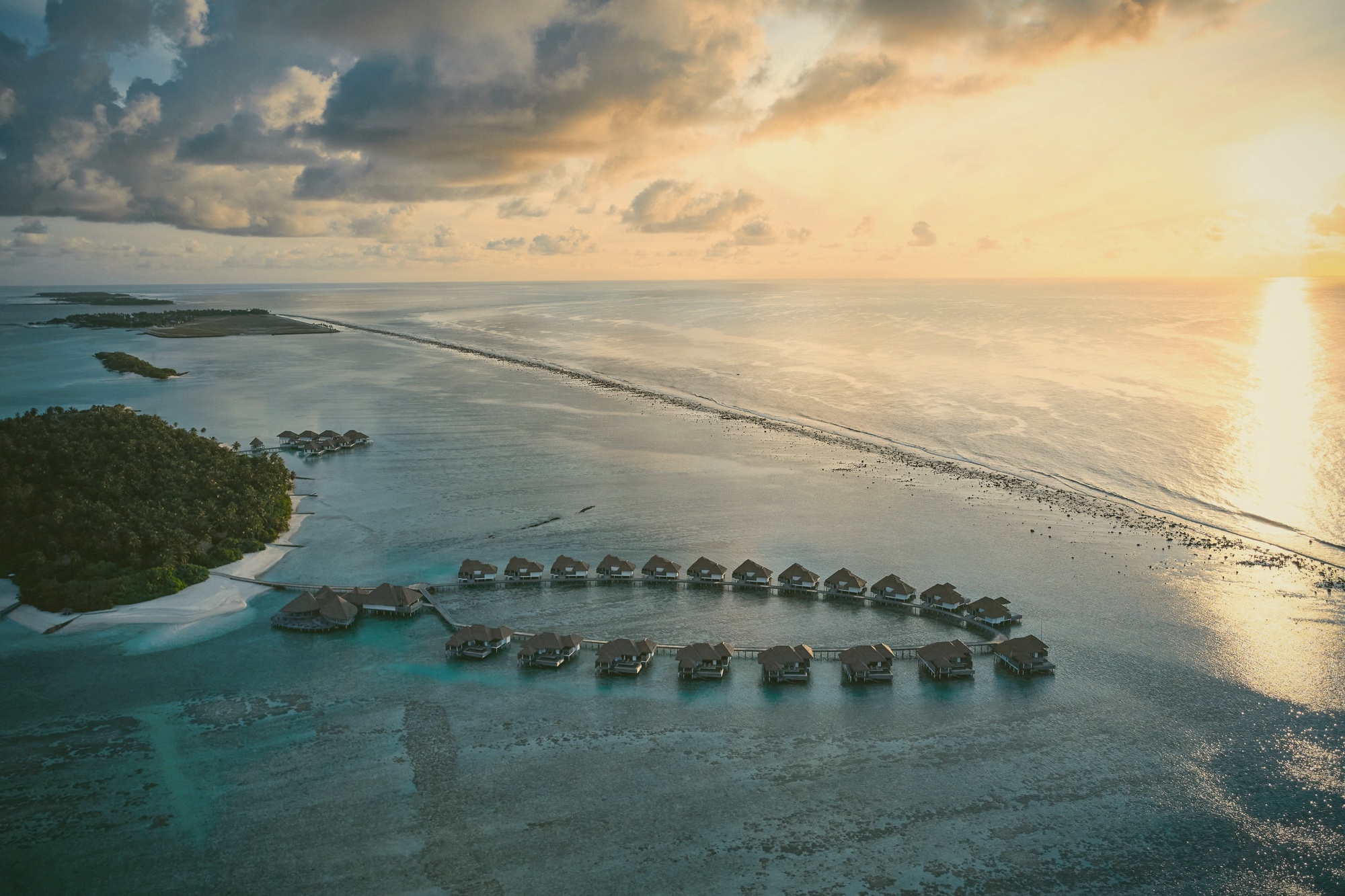 Maalifushi from above. COMO's only Maldives property, occupying its own island in Thaa Atoll.