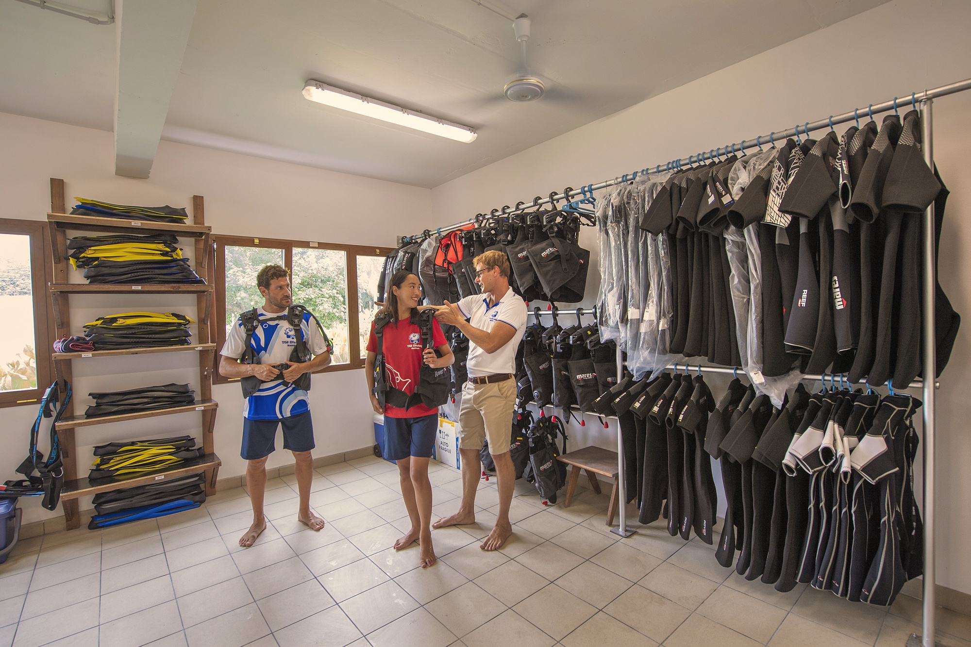 The dive centre and equipment preparation area. Raa Atoll is one of the most productive atolls in the Maldives for manta rays and reef life.