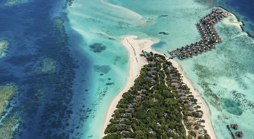 Landaa Giraavaru from above. Substantial island scale with the property's signature beach-bay configurations.