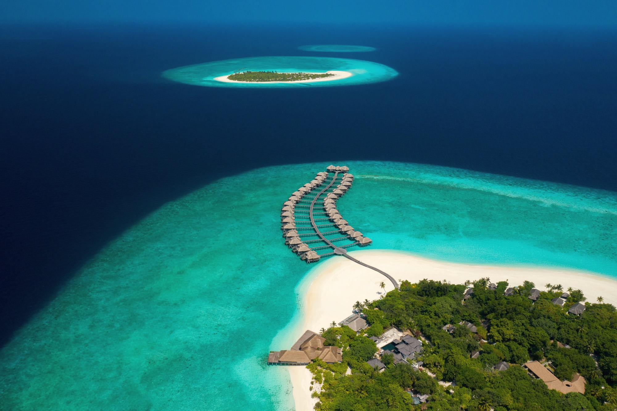 Manafaru Island from above. The resort occupies its own private island in Haa Alifu Atoll, the northernmost point of the Maldives.