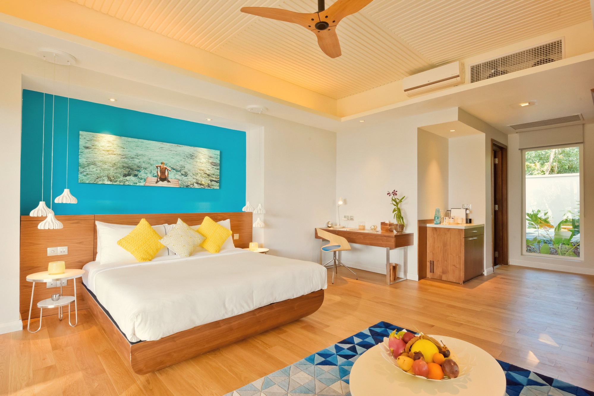 Beach pool villa deck. Kandima's upgraded category, the meaningful step up from the studio-tier volume product.