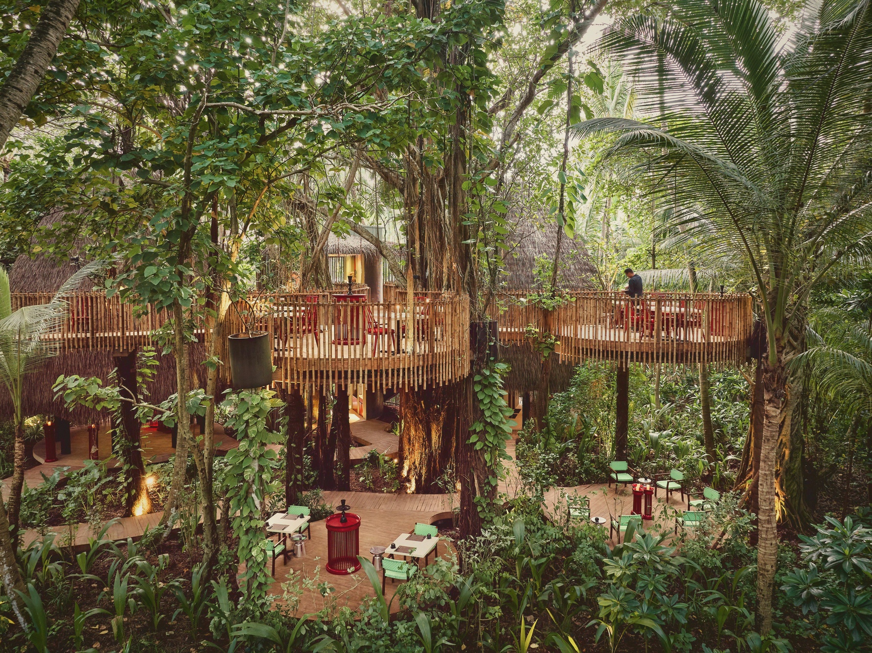 Tribal. The tree-canopy dining venue, set among the island's interior vegetation rather than the lagoon edge.