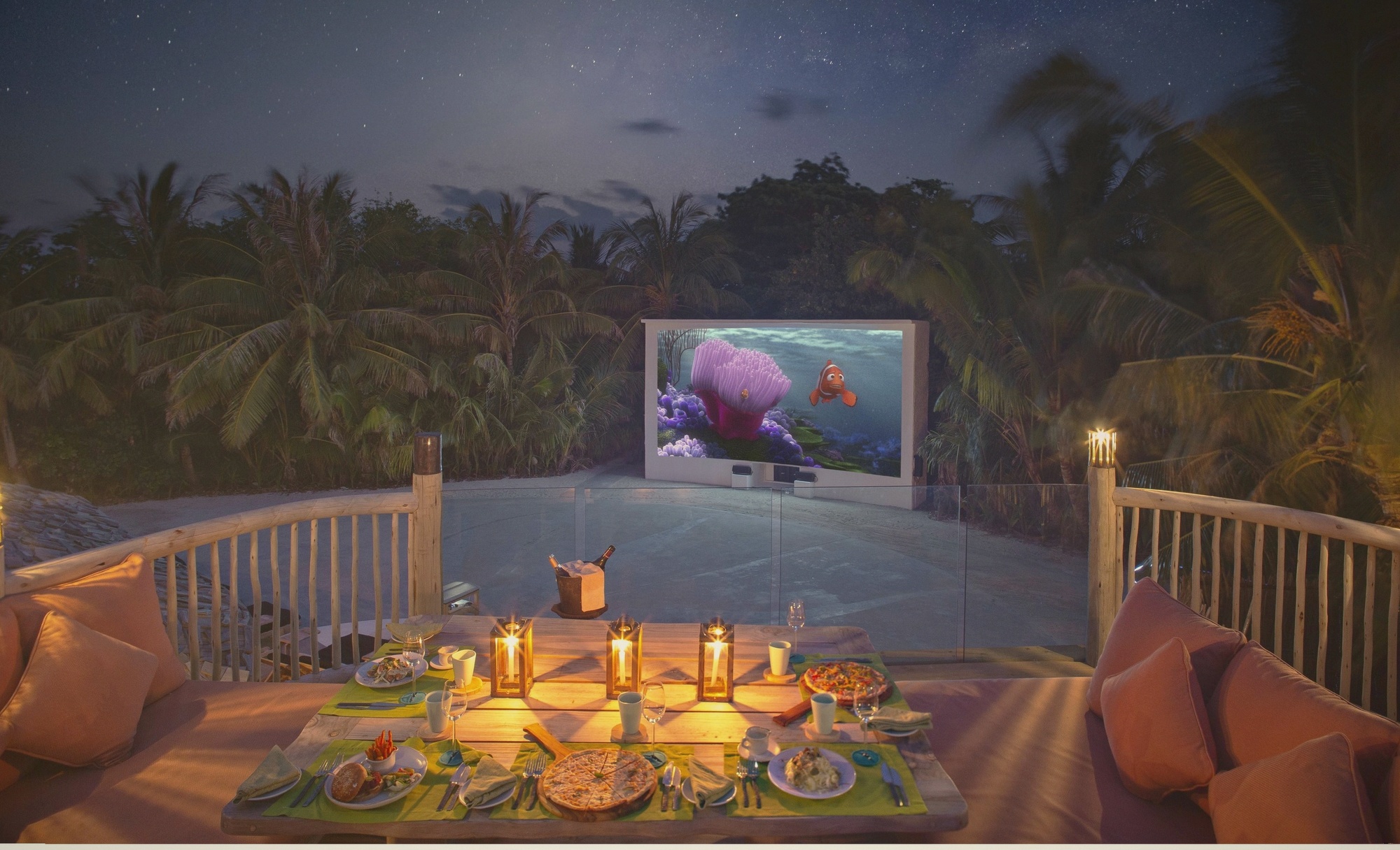 Cinema Paradiso. The open-air cinema with seating set among the trees, screening films across the stay schedule.