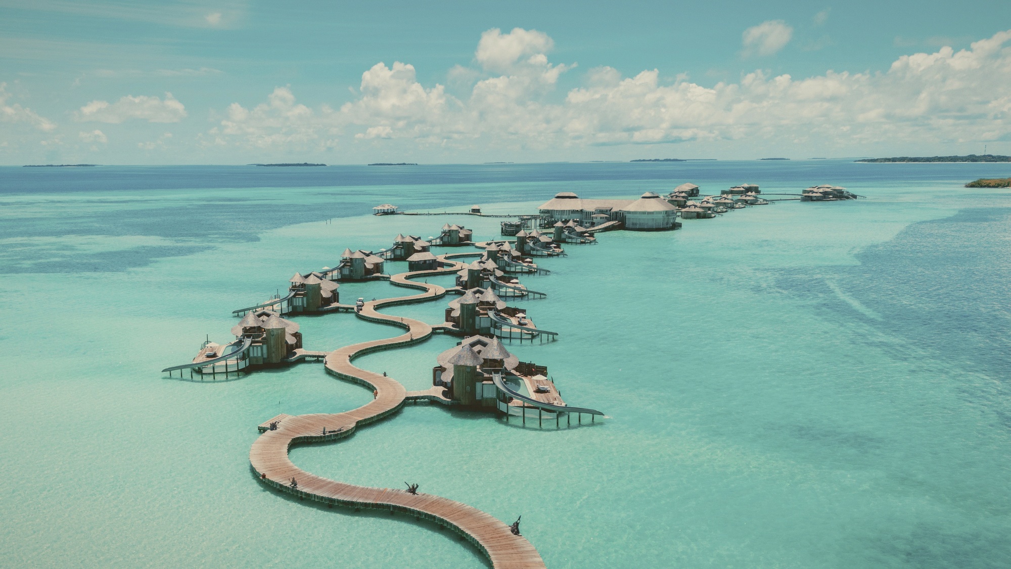 Medhufaru Lagoon from above. Soneva Jani's overwater estate occupies one of the largest private lagoons in the Maldives.