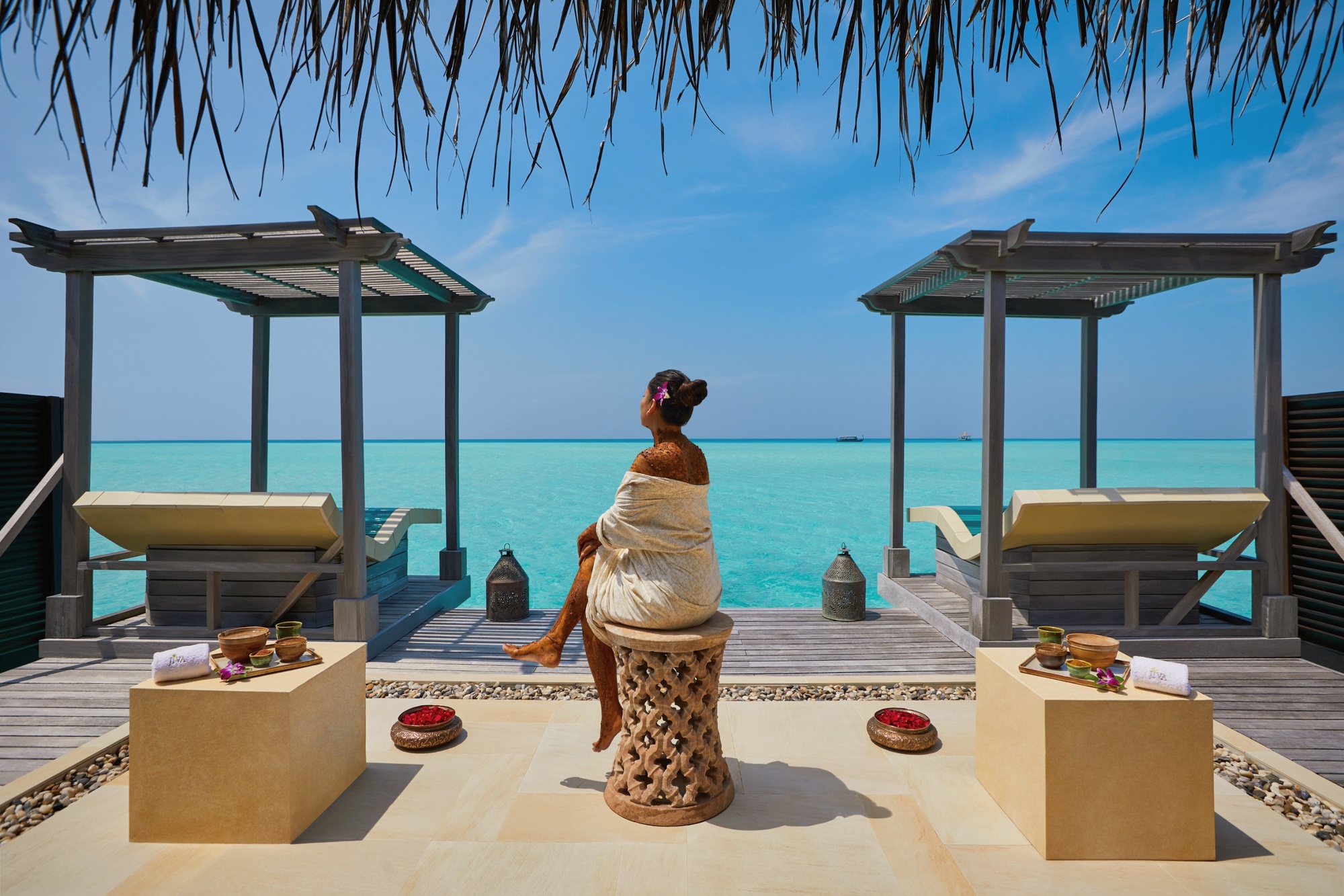 The spa treatment room. Taj Exotica carries the spa programme that is standard across the Taj Hotels portfolio, adapted for the island setting.