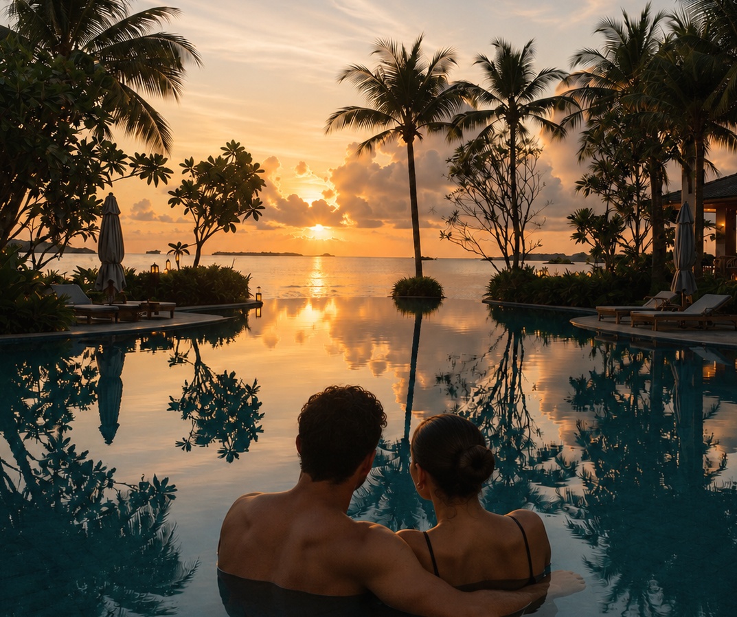 The infinity pool at sunset. The property's photographed public moment, set above the lagoon edge.